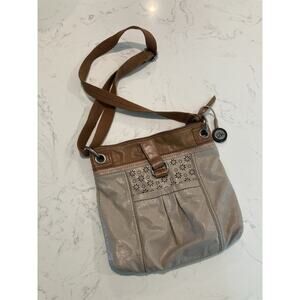 The Sak Kendra Pebbled Leather Crossbody Bag Purse Canvas Strap Beige Brown Pink